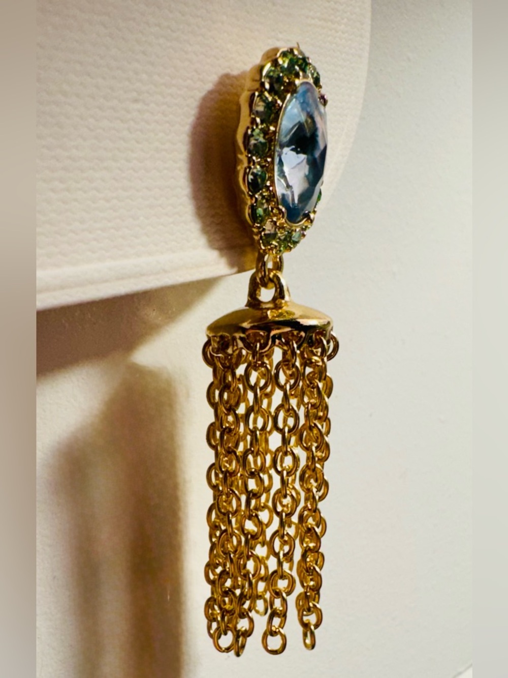 NWT Gold Chain Tassel Drop Earrings with Light Blue Crystal Accent